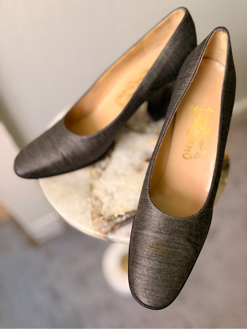 Salvatore Ferragamo Grey Satin Round-Toe Pump